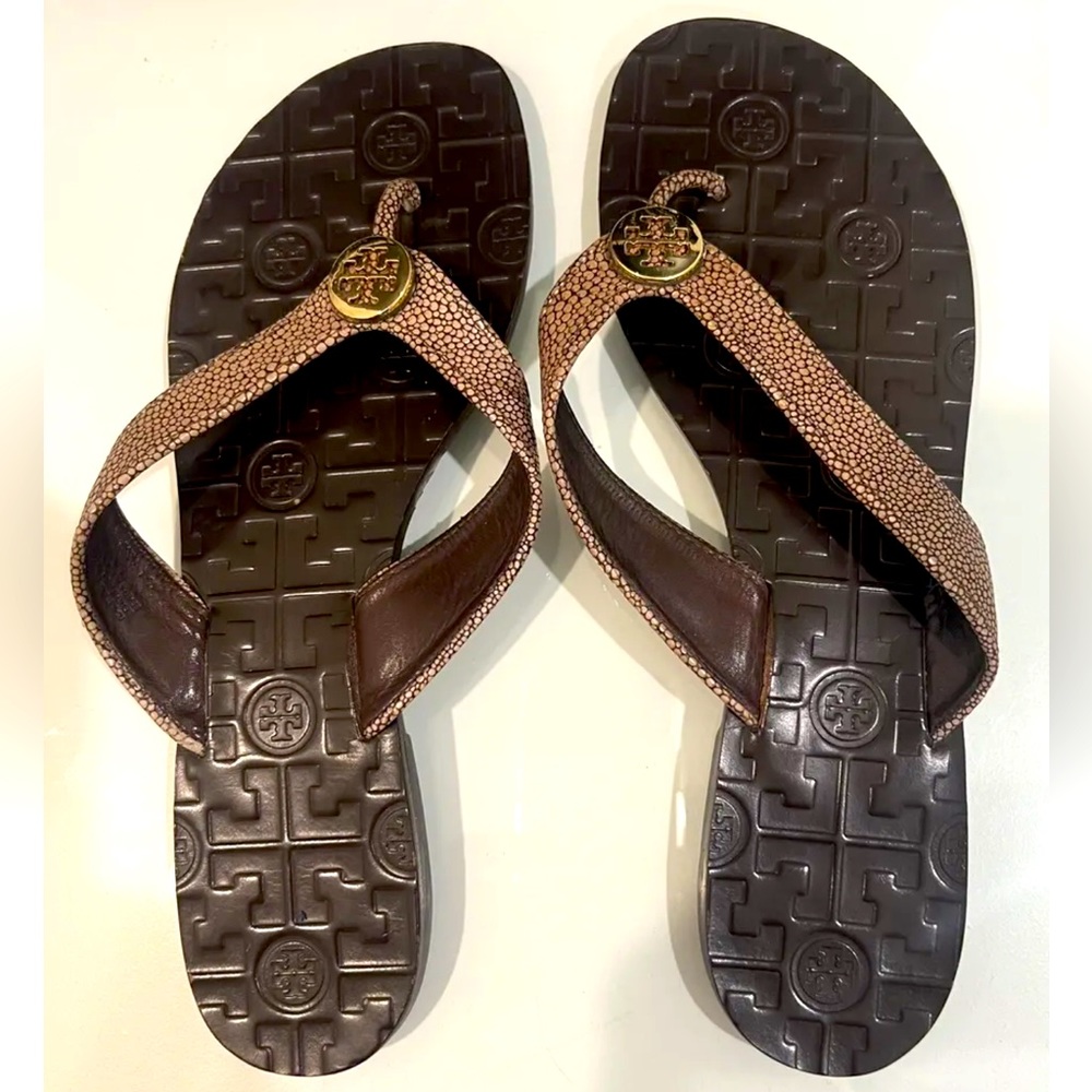 Tory Burch, Thora Sandals, Brown Reptile Embossed, Size 10, EEUC